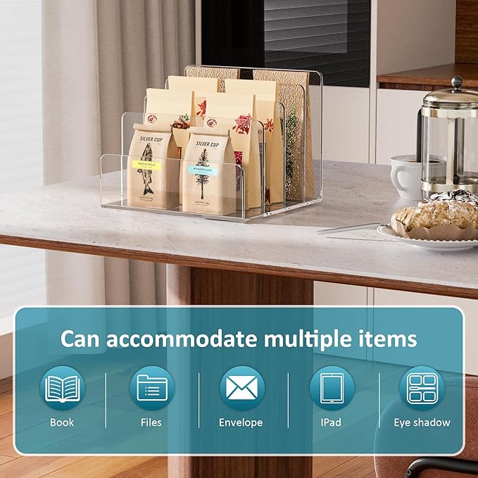 Acrylic File Holder 4 Compartment, Clear Desk File Organizer, Acrylic Organizer for Books, Phone, Ipad, Envelope, Notebook, Calculator-DeskLoop Office