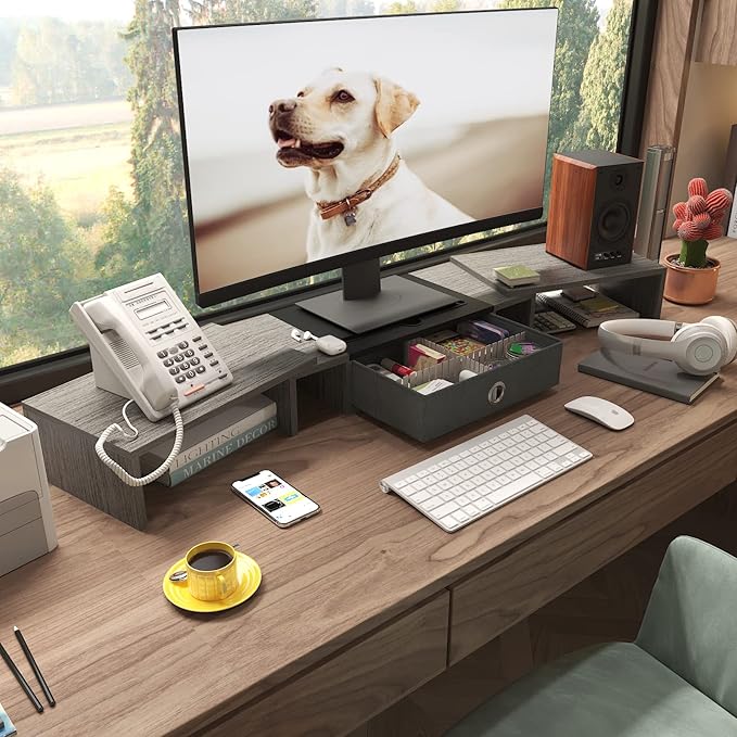 WESTREE Triple Dual Monitor Stand Riser with Drawer,Extra Large Adjustable for 2~3 Monitors,Solt for Phone & Tablet, Desktop Organizer Stand for Computer,Laptop,Printer,TV-DeskLoop Office