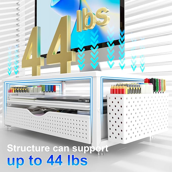 gianotter Desk Organizers and Accessories, Monitor Stand with Drawer and 2 Pen Holder, Desktop Organizer Suitable for Offices and Dormitories (White)-DeskLoop Office