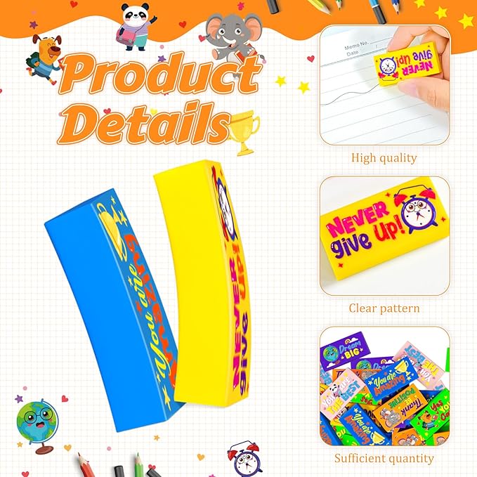 Cinrobiye 100 PCS Inspirational Pencil Erasers Bulk Motivational Cute Eraser Back to School Favor Goody Bag Filler Gifts for Students Classroom Office Teacher Prizes Reward School Supplies (Cute100)-DeskLoop Office
