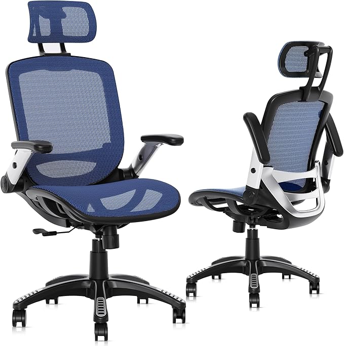 GABRYLLY Ergonomic Office Chair, High Back Mesh Desk Chair with Adjustable Headrest, Flip-Up Arms, 90-120° Tilt Lock, Lumbar Support and Comfy Seat, Swivel Computer Task Chair, Blue-DeskLoop Office