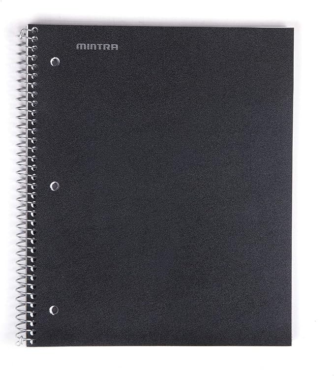 Mintra Office Durable Spiral Notebooks, 1 Subject, (Black, College Ruled 3 Pack), 100 Sheets, Poly Pocket, Moisture Resistant Cover, Strong Chipboard back, For School, Office, Business,