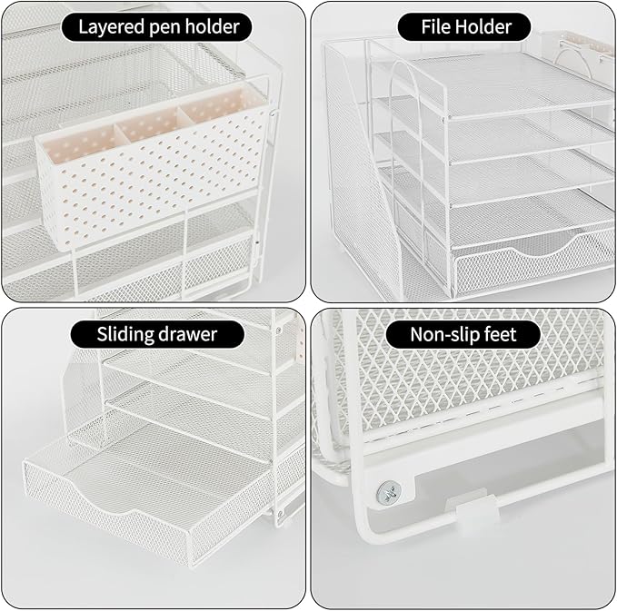 Desk Organizer with Drawer and Pen Holder, 5-Tier Paper Letter Tray Organizer with File Holder, Suitable for Workspace Organizer Office Supplies Storage (White)-DeskLoop Office