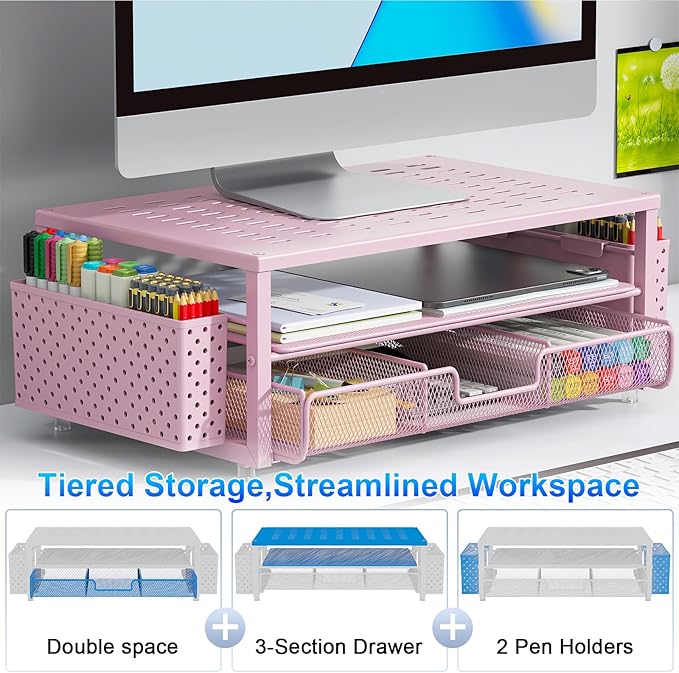 gianotter Desk Organizers and Accessories, Monitor Stand with Drawer and 2 Pen Holder, Desktop Organizer Suitable for Offices and Dormitories (Pink)-DeskLoop Office