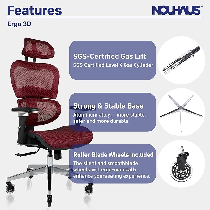 Nouhaus Ergo3D Ergonomic Office Chair Lumbar Support Mesh Office Chair with 4D Adjustable Armrest, Adjustable Headrest and Wheels, Mesh High Back Home Office Desk Chairs(Burgundy)-DeskLoop Office
