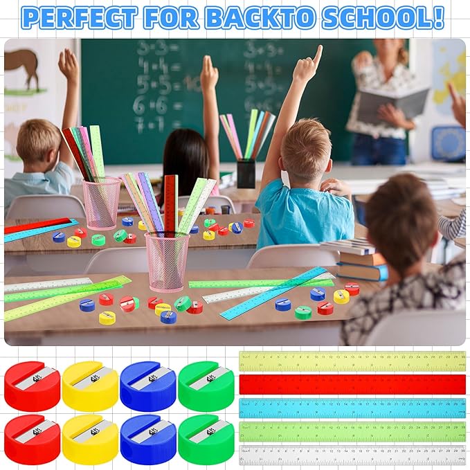 100 Pcs Plastic Rulers and 100 Pcs Mini Round Manual Pencil Sharpener Bulk, 4 Assorted Colors Pocket Sized Pencil Sharpeners Colorful Straight Ruler Back to School Supplies for Kids (Classic,12 Inch)-DeskLoop Office