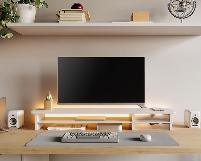 Fenge Monitor Stand, Dual Monitor Riser, 42.5inch Large Desk Computer Monitor Stand Riser with Drawer, 2 Tier Wood & Acrylic Desktop Organizer for Computer, Laptop, Printer, TV Screen Riser-DeskLoop Office