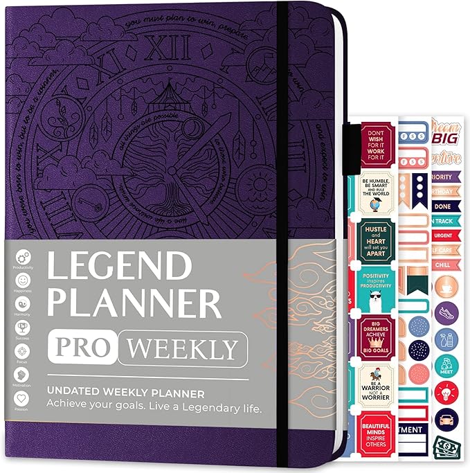Legend Planner PRO – Deluxe Weekly & Monthly Life Planner to Increase Productivity and Hit Your Goals. Time Management Organizer Notebook – Undated – 7 x 10" Hardcover + Stickers – Dark Purple-DeskLoop Office