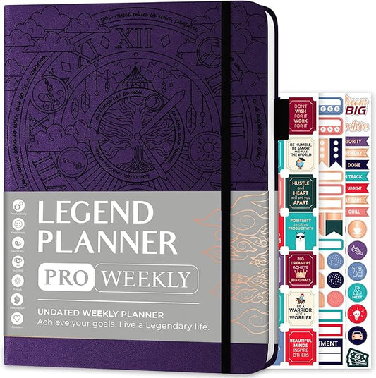 Legend Planner PRO – Deluxe Weekly & Monthly Life Planner to Increase Productivity and Hit Your Goals. Time Management Organizer Notebook – Undated – 7 x 10" Hardcover + Stickers – Dark Purple-DeskLoop Office