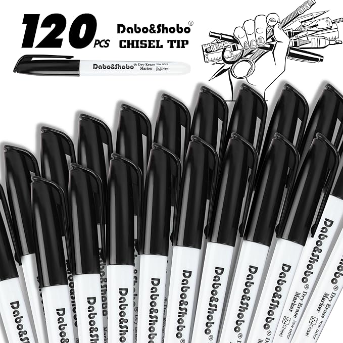 Dabo&Shobo Dry Erase Markers Bulk, 120 Count Black Whiteboard Markers, Low Odor Dry Erase Markers, Chisel Tip, Suitable for School, Office, or Home-DeskLoop Office