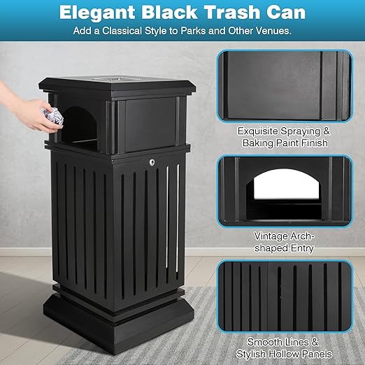 IRONWALLS Commercial Trash Can with Lid, Black Outdoor Garbage Can for Patio, Side Opening Steel Square Commercial Waste Bin, Decorative Trash Container with Removable Inner Bucket for Park, Garden-DeskLoop Office