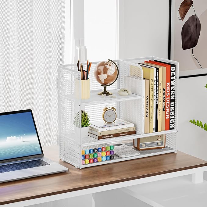 Marbrasse 3-Tier Desk Shelf Organizer with Handle, Desktop Bookshelf File Holder, Mesh Display Shelf Organizer Storage Rack for Office, Home, Supplies, Kitchen (White)-DeskLoop Office