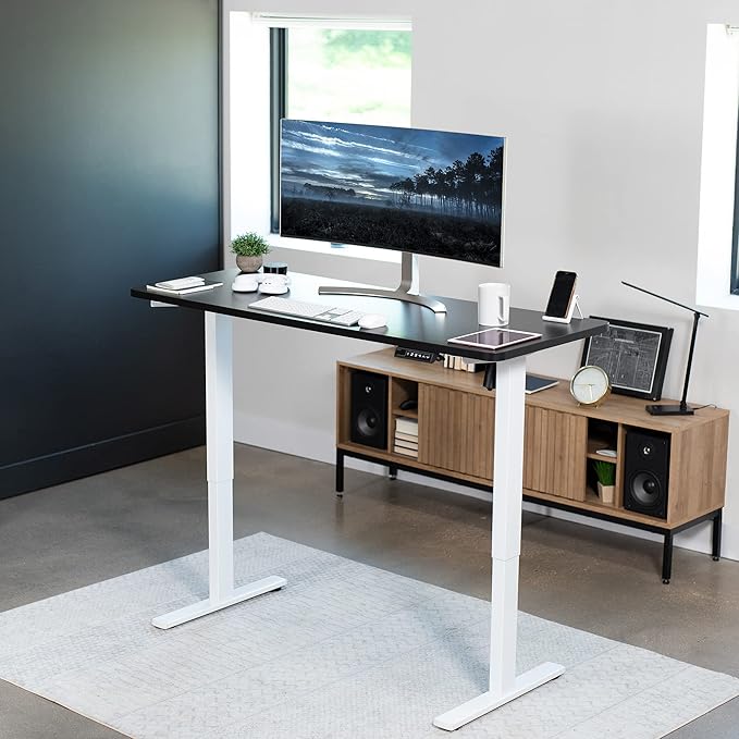 VIVO Electric 60 x 24 in Standing Desk, Memory Height Adjustment, 1B Series, One-Piece Black Top, White Frame, DESK-KIT-1W6B-DeskLoop Office