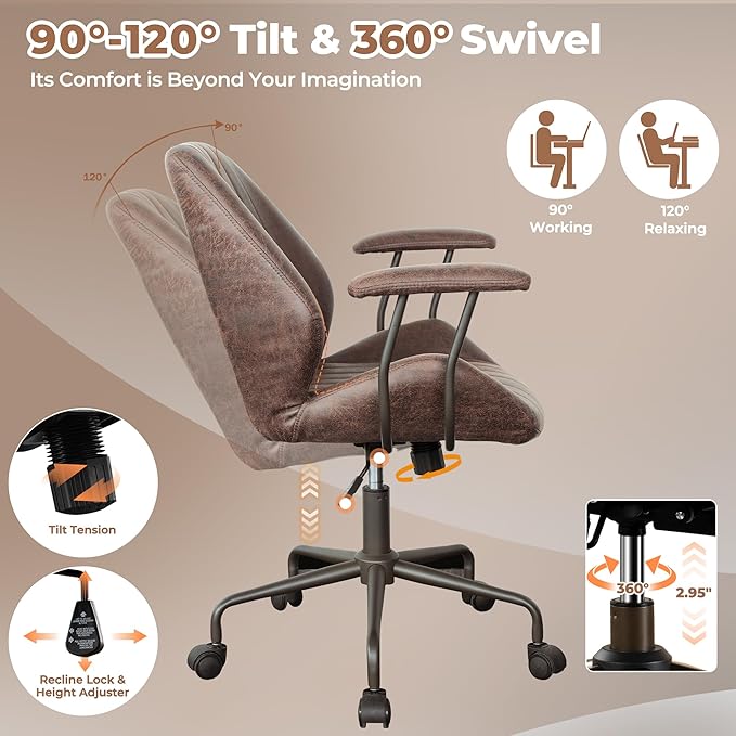ovios Ergonomic Home Office Chair, Mid-Century Modern Faux Leather Chairs with Padded Armrests, Comfy Mid Back Swivel Rolling Executive Computer Armchair (Dark Brown, Suede Leather)-DeskLoop Office