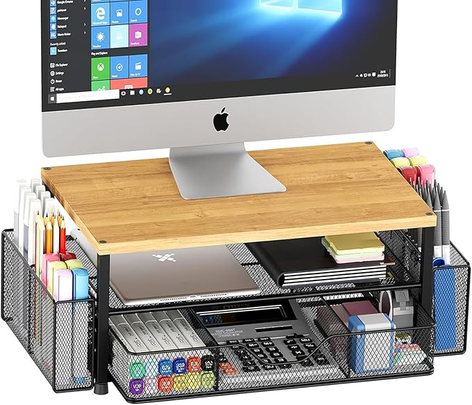 Desk Organizers and Accessories, 2-Tier Computer Monitor Stand with Drawer and 2 Pen Holders, Laptop Stand, Office Desk Accessories for Office Supplies, Oak-DeskLoop Office