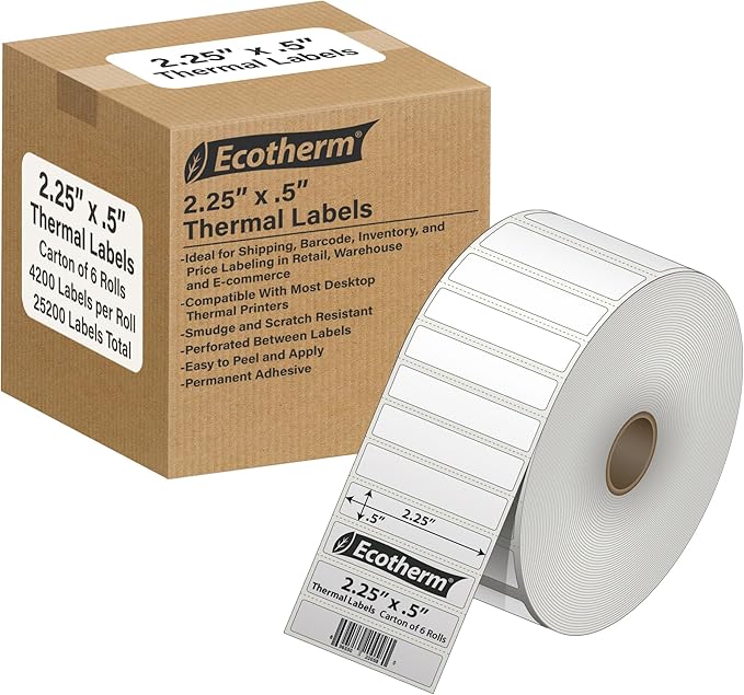 2.25" x .5" Thermal Labels | 6 Rolls | 25200 Labels | fits Zebra, Munbyn, Rollo, Godex, Arkscan, iDPRT, Offnova Thermal Label Printers and More | Blank White Adhesive Stickers by Ecotherm-DeskLoop Office