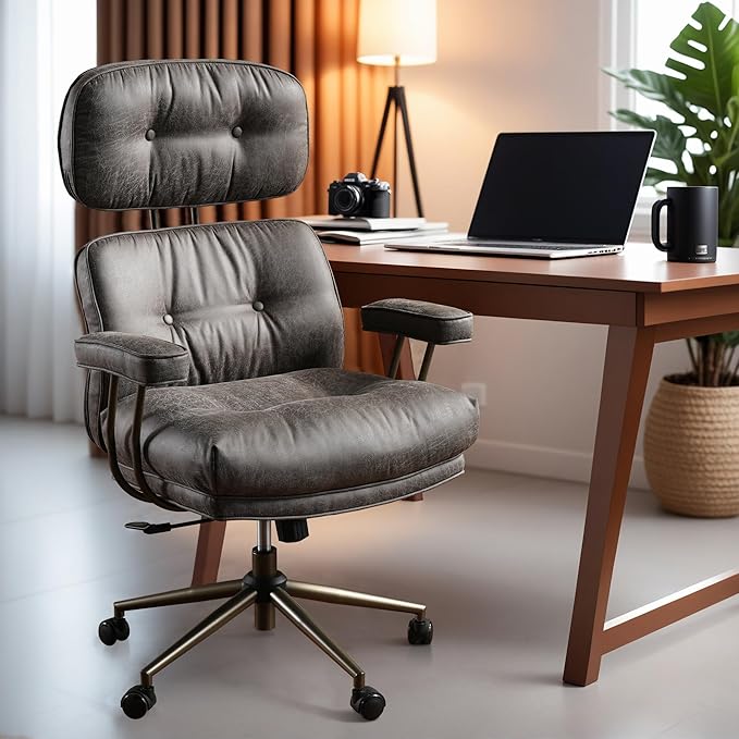 ovios Home Office Chair, Mid-Century Modern Faux PU Leather Chairs with Lumbar Support Comfy Thick Cushion, High Back Ergonomic Swivel Rolling Executive Armchair (Dark Grey, Suede Leather)-DeskLoop Office