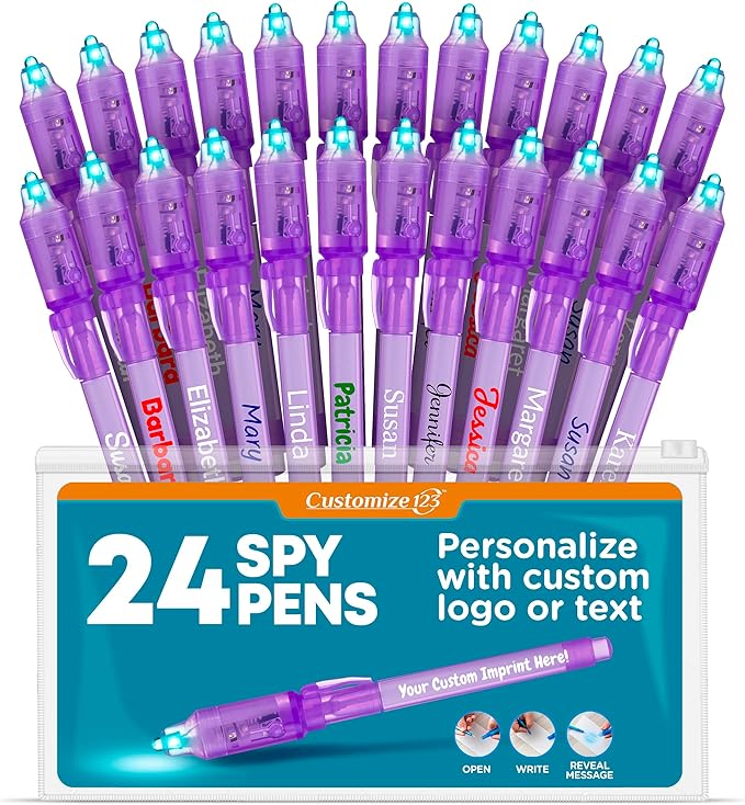 Personalized Invisible Disappearing Ink Pen Marker, Custom Secret Spy Message Writer with UV Light, Fun Activity for Kids Party Favors Gifts and Stock Stuffers, 24 Pack, Purple-DeskLoop Office