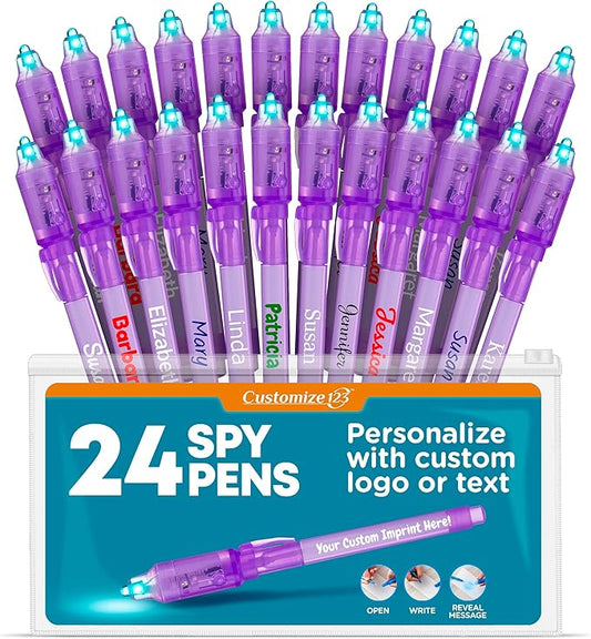Personalized Invisible Disappearing Ink Pen Marker, Custom Secret Spy Message Writer with UV Light, Fun Activity for Kids Party Favors Gifts and Stock Stuffers, 24 Pack, Purple-DeskLoop Office
