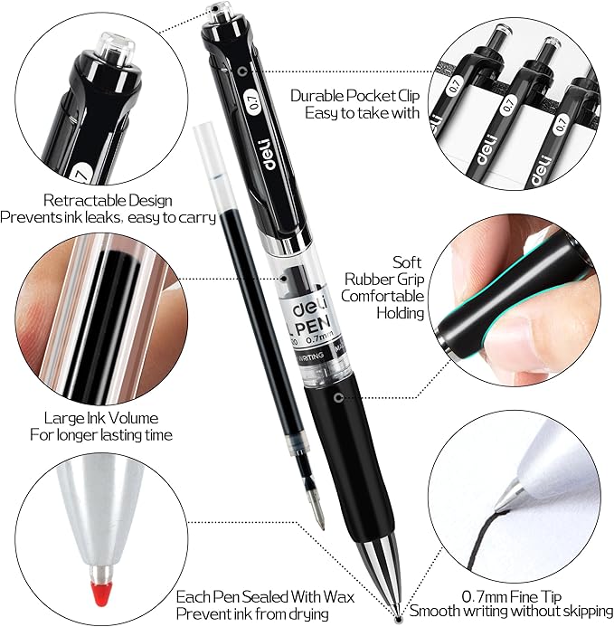 deli Gel Pens, 50 Pcs Retractable Pens Black Ink, 20 Pens with 30 Refills,Medium Point Pen Bulk 0.7mm, Smooth Writing, Fast Dry, No Bleed for Journaling Note Taking, Home School Office Supplies