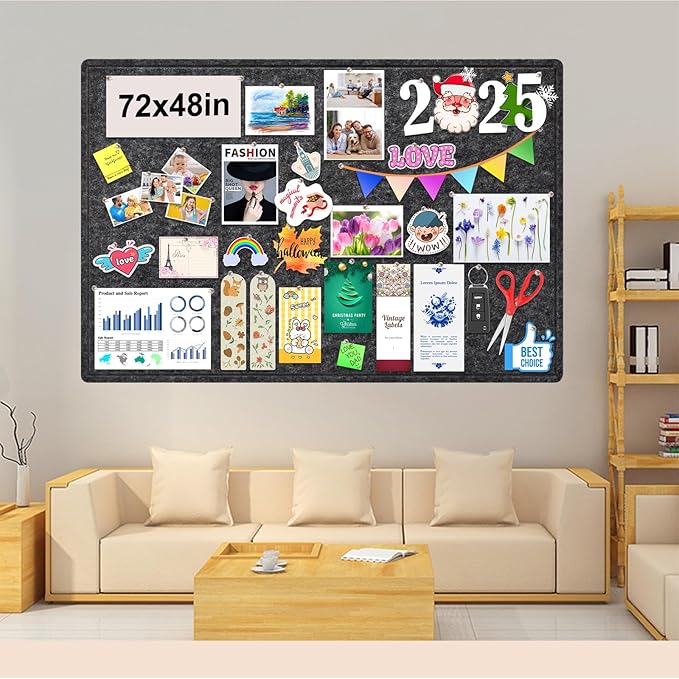 Large Bulletin Board, Foldable 72x48 Inches Cork Board Alternative, Large Felt Board Decorative Pin Board for Wall, Foldable Photo Board Self-Adhesive Vision Board with 36 Pushpins Dark Gray-DeskLoop Office