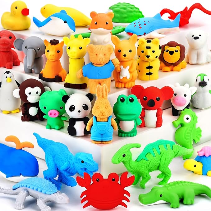 34Pcs Animal Erasers Bulk Cute Desk Pets Kids Puzzle Erasers Take Apart Cool 3D Eraser Mini Pencil Eraser Fun Party Favors for School Supplies Classroom Rewards Easter Egg Fillers Gifts-DeskLoop Office