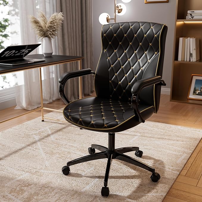 Black Office Chair with Soft Leather Embroidery, Mid Back Vintage Swivel Executive Desk Chair with Wheels and Padded Arms, Adjustable Height-DeskLoop Office