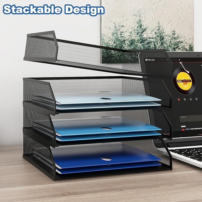 Natwind 4-Tier Stackable Paper Tray, Metal Mesh Desktop Organizer, A4 Desk Organizer, Stackable Letter Trays,File Folder Sorter Organizer with Sliding Tray for Home, Office, School (Black)-DeskLoop Office