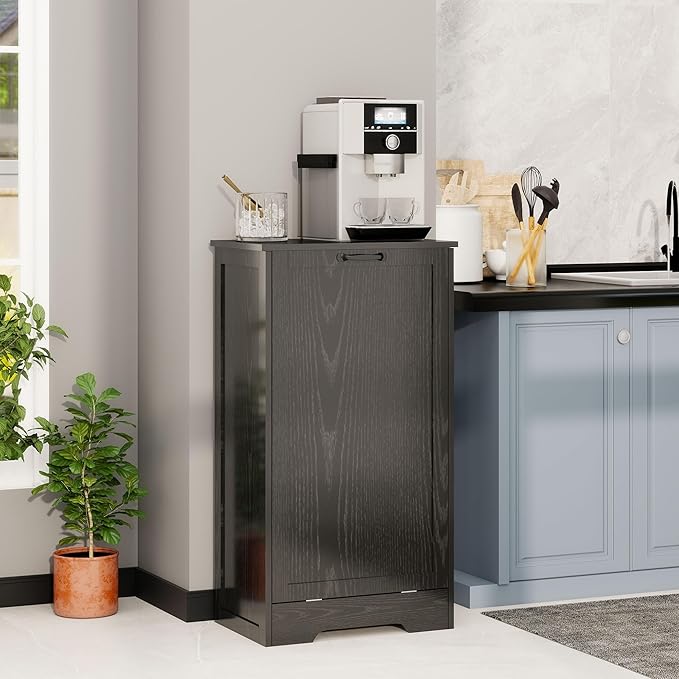 Tilt Out Kitchen Trash Can Cabinet, Pet Proof Wooden Kitchen Garbage Can with Lid, Hidden Laundry Basket Organizer, 10 Gallon Free Standing Bathroom Laundry Hamper Cabinet, Black-DeskLoop Office