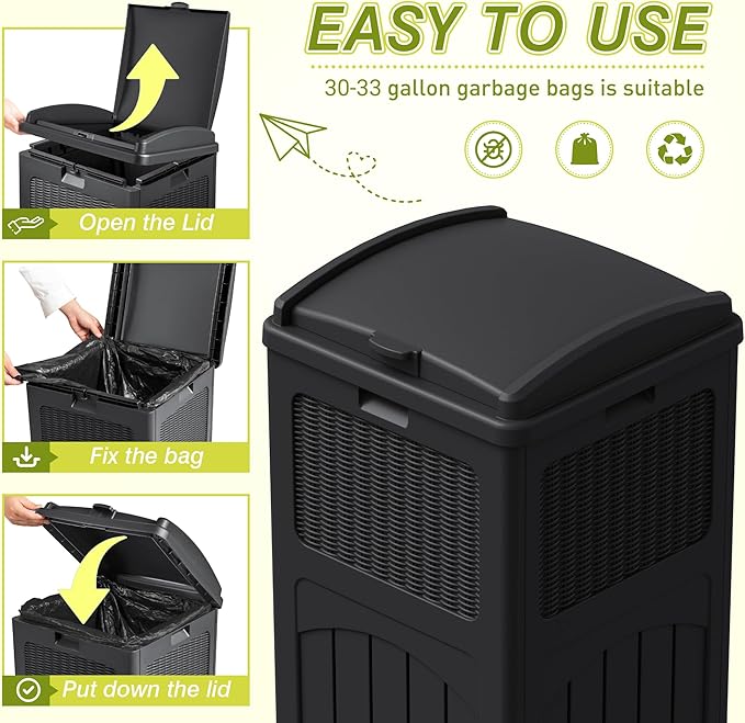 Greesum 33 Gallon Outdoor Trash Can with Lid, Waterproof Resin Garbage Bin for Hideaway, Deck, Patio, 3 Pack, Black-DeskLoop Office