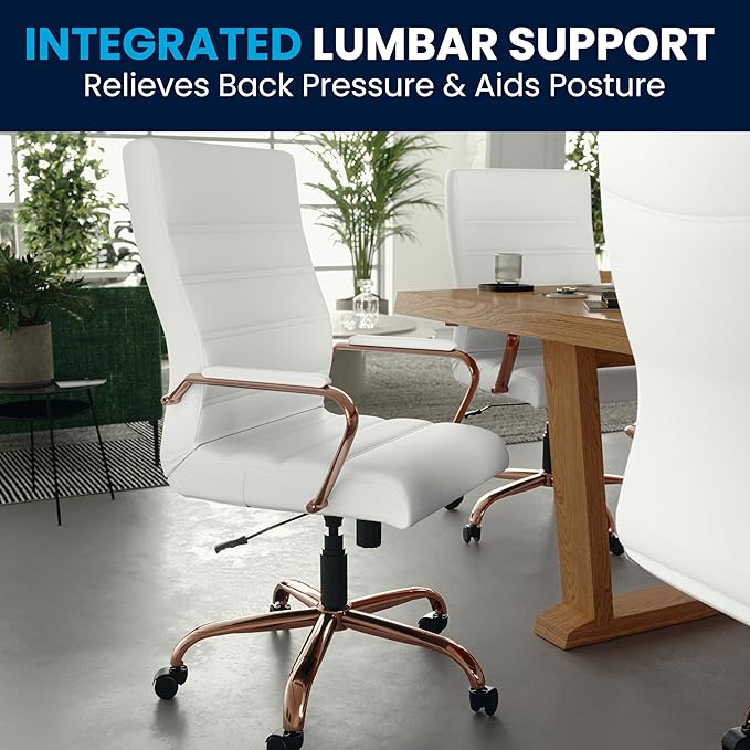 Flash Furniture Whitney High-Back Swivel LeatherSoft Desk Chair with Padded Seat and Armrests, Adjustable Height Padded LeatherSoft Office Chair, White/Rose Gold-DeskLoop Office