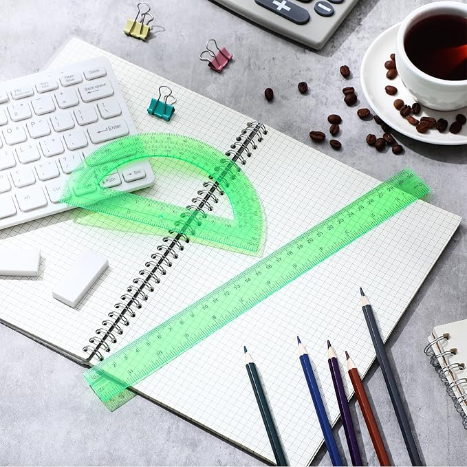 Zonon 2 Pack 12'' Plastic Ruler and 6'' Plastic Protractor Set Clear Ruler Protractor Set Math Geometry Supplies for School Classroom Home Office Drawing(Green)-DeskLoop Office