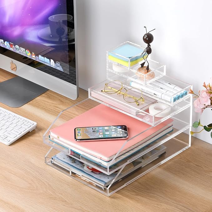 (2pcs Pack) Stackable Clear Acrylic Paper Trays, Desk File Organizer, A4 Paper Holder, Letter Tray-DeskLoop Office