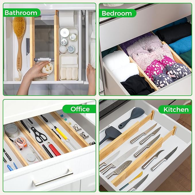 FJO 4 Pack Adjustable Bamboo Drawer Dividers - 12.5" - 21.7" Expandable Drawer Separators for Kitchen, Utensils, Clothes, Bedroom, Dresser, Bathroom (Beige)-DeskLoop Office
