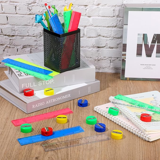 100 Pcs Plastic Rulers and 100 Pcs Mini Round Manual Pencil Sharpener Bulk, 4 Assorted Colors Pocket Sized Pencil Sharpeners Colorful Straight Ruler Back to School Supplies for Kids (Classic,6 Inch)-DeskLoop Office