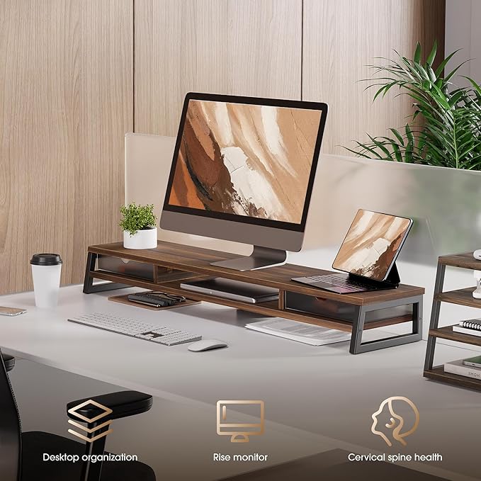 Fenge Dual Monitor Stand, Monitor Riser with Drawer, 42.5 Inch Large Computer Monitor Stand for 2 Monitors, 2 Tier Wooden Desk Shelf for Top of Desk-DeskLoop Office