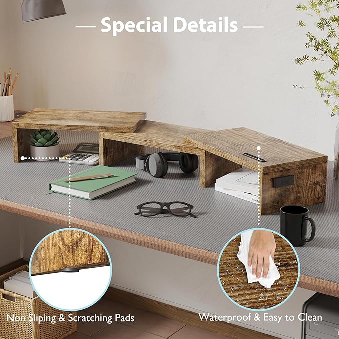 BONTEC Dual Monitor Stand Riser with Smartphone Holder, Adjustable Length & Swivel Angle, Ergonomic Wooden Desktop Organizer for PC Monitor, Laptop, Printer, Large Storage, Rustic Brown-DeskLoop Office