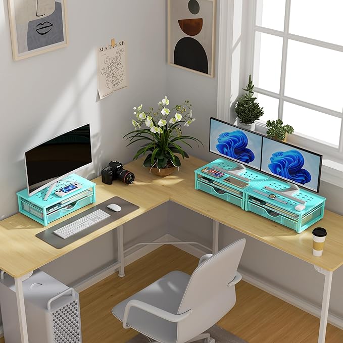 gianotter Computer Monitor Stand Riser, office organizer with Drawer, Office Organizers Storage for Classroom Office Supplies (Blue)-DeskLoop Office