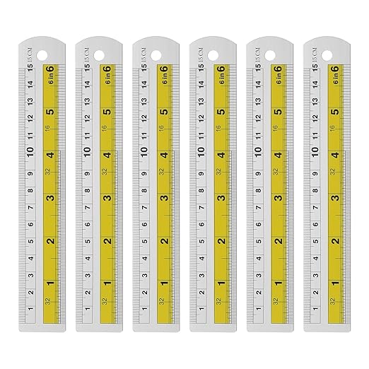 HARFINGTON 6pcs Metal Straight Ruler 15cm Metric SAE Aluminum Alloy Measuring Rulers Scale Tool with Hole for Measure Study Reading Classroom Office, Yellow-DeskLoop Office
