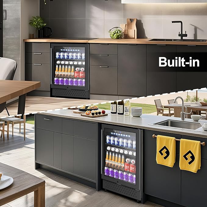 24 Inch Beverage Refrigerator, 5.2 Cu. Ft. Drink Refrigerator with Glass Door, 200 Cans Under Counter & Freestanding Drink Fridge, Reversible Door, Built-In Beverage Cooler for Kitchen, Bar or Office.-DeskLoop Office