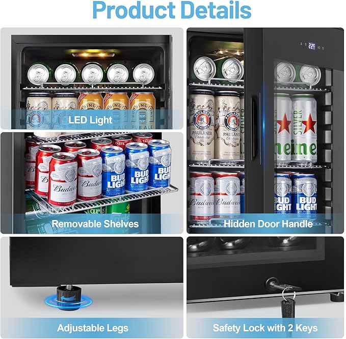 Beverage Refrigerator Cooler, 17 Inch 120 Cans Freestanding Mini Fridge with Glass Door, Adjustable Shelves and LED Light, Small Drink Fridge Counter-top Beer Fridge for Bedroom Office Bar-DeskLoop Office