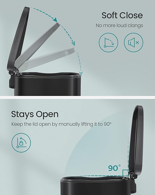 SONGMICS 13 Gallon (50 L) Trash Can, Stainless Steel Kitchen Garbage Can, Recycling or Waste Bin, Soft Close, Step-On Pedal, Removable Inner Bucket, Black ULTB050B01-DeskLoop Office