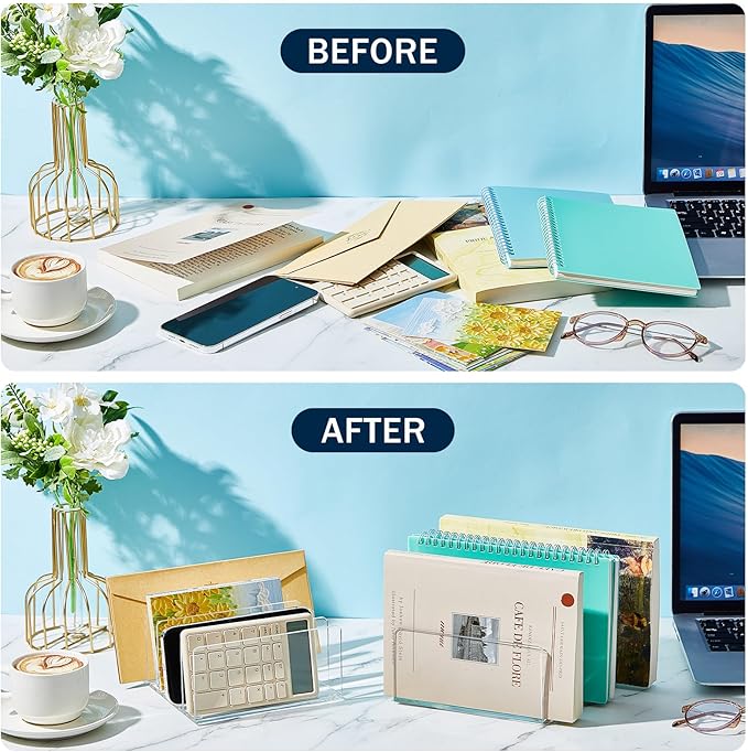 Geyoga 2 Pcs Acrylic File Holder Clear Mail Folder Organizer 5 Sections Multifunction Desktop Storage Letter Sorter Envelope Vertical Dividers for Office, Home, Desk Organization-DeskLoop Office