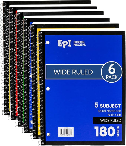 EPI Spiral Notebook | 5 Subject - Wide Ruled - 180 Sheets, Durable Spiral Binding | 10.5 x 8 in | Classroom Supplies | School, Office, Note Taking, Journaling - 6 Pack-DeskLoop Office