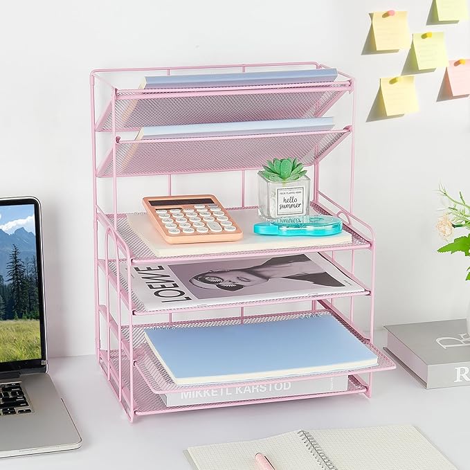 6-Tier Letter Tray Paper Organizer, Desk Organizers and Accessories, Desktop File Organizer, Office Desk Accessories for Office Supplies(Pink)-DeskLoop Office