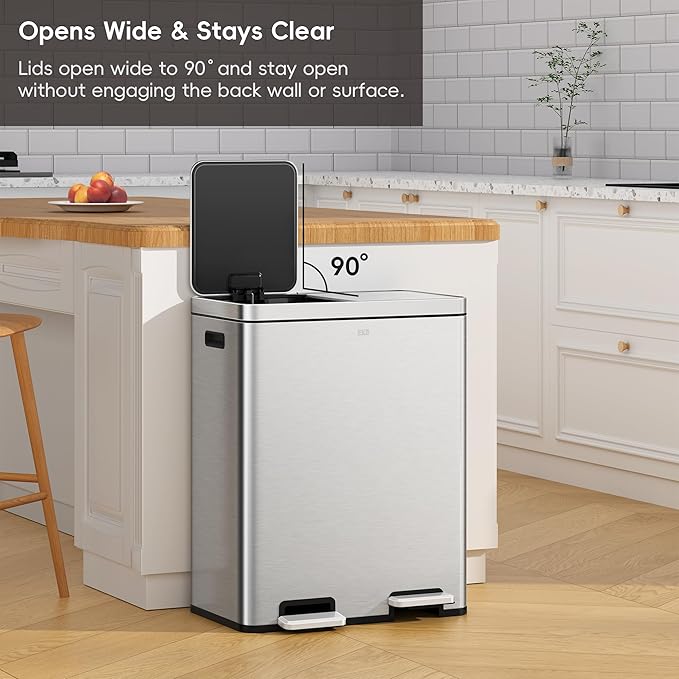 EKO Edison Dual Trash Can for Recycling and Trash, 8+8 Gallons Kitchen Garbage Can with Dual Removable Inner Liners, Independent Lids and Pedals, Matte Stainless Steel-DeskLoop Office
