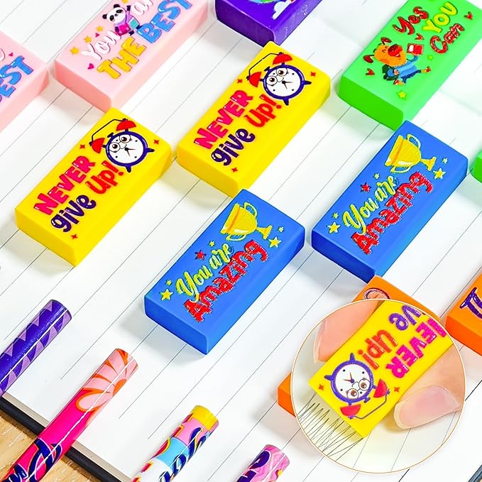 Cinrobiye 100 PCS Inspirational Pencil Erasers Bulk Motivational Cute Eraser Back to School Favor Goody Bag Filler Gifts for Students Classroom Office Teacher Prizes Reward School Supplies (Cute100)-DeskLoop Office