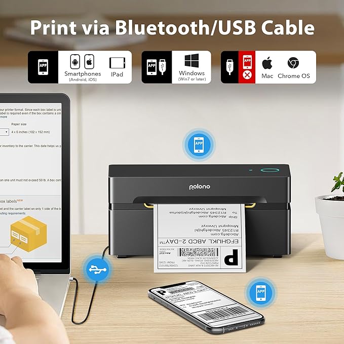 POLONO Bluetooth Thermal Shipping Label Printer, Wireless 4x6 Shipping Label Printer for Small Business, Support iOS, Android, Windows and Mac, Compatible with Amazon, Ebay, Shopify, Etsy, USPS(Brown)-DeskLoop Office