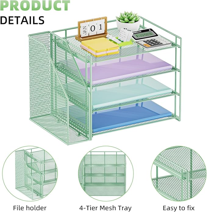 Marbrasse Desk Organizer and Accessories,4-Tier Paper Letter Tray Organizer with File Holder,Desk Accessories & Workspace Desktop Organizers for School Home Office Supplies (Green)-DeskLoop Office