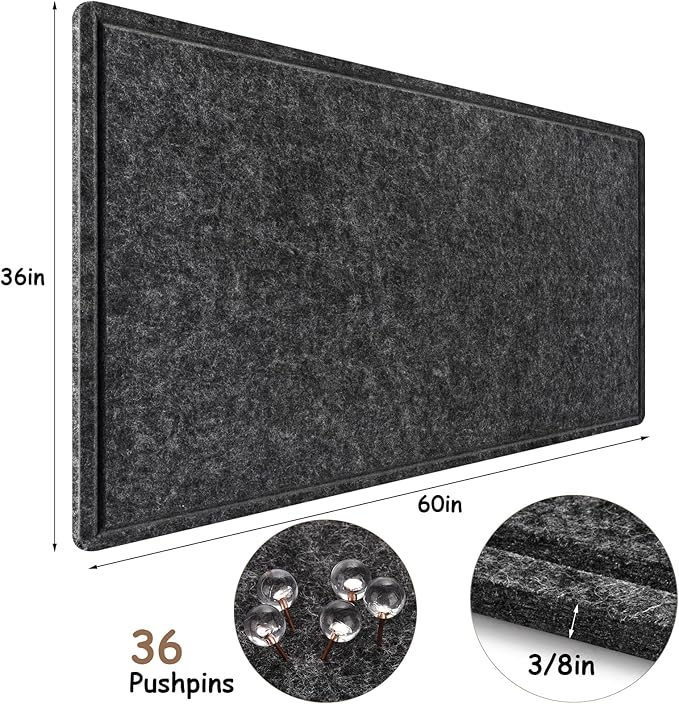 Large Bulletin Board, Foldable 60x36 Inches Cork Board Alternative, Large Felt Board Decorative Pin Board for Wall, Foldable Photo Board Self-Adhesive Vision Board with 36 Pushpins Dark Gray-DeskLoop Office